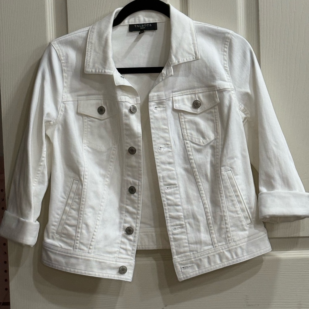 Talbots White Jean Jacket Cropped 3/4 Sleeves
